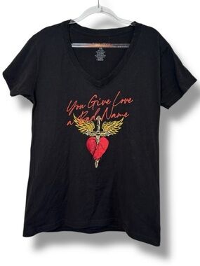 Bon Jovi Shirt Black V-Neck Graphic Tee with Red Heart & Gold Wings Size CL